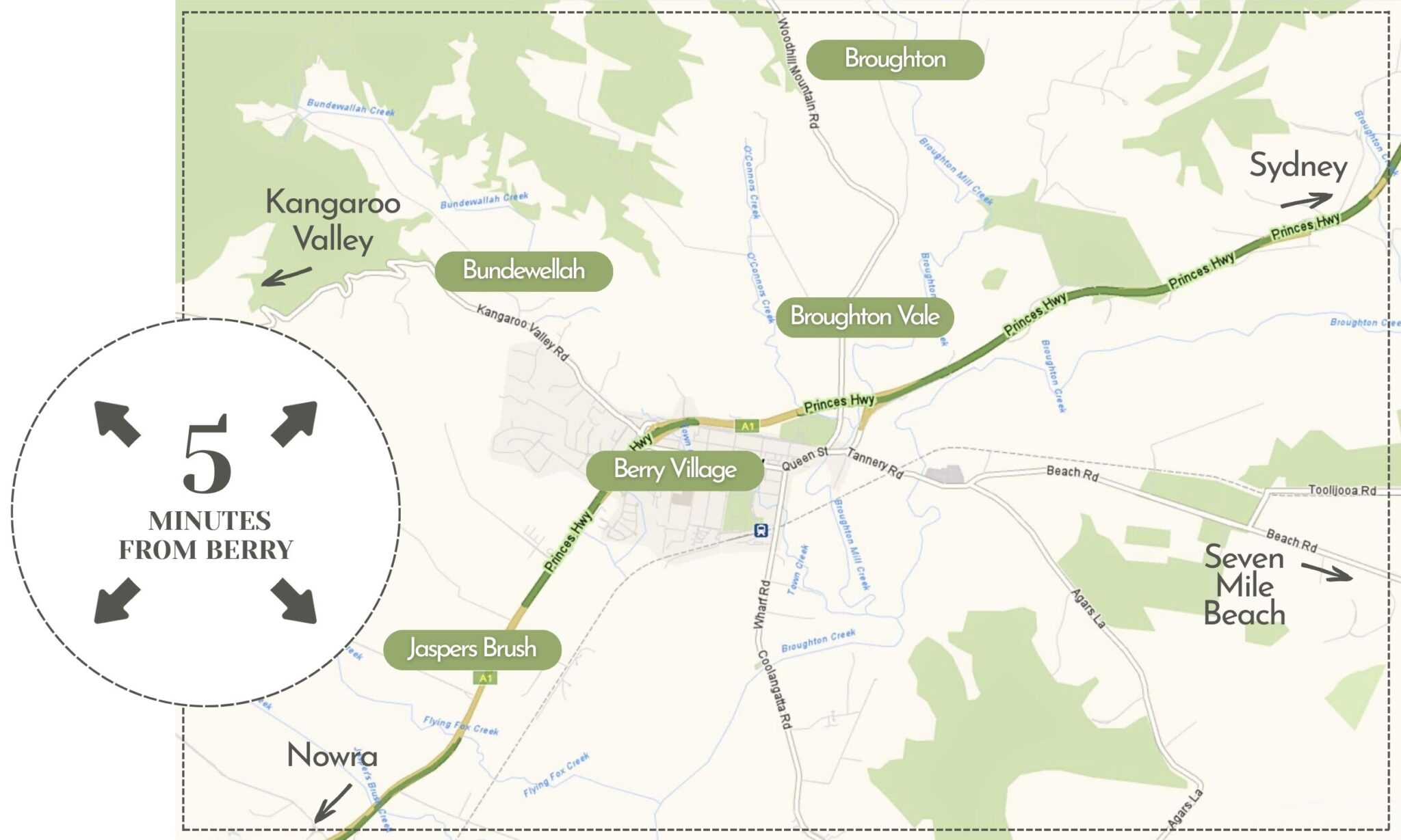 Map of area approx 5 minutes drive from Berry village