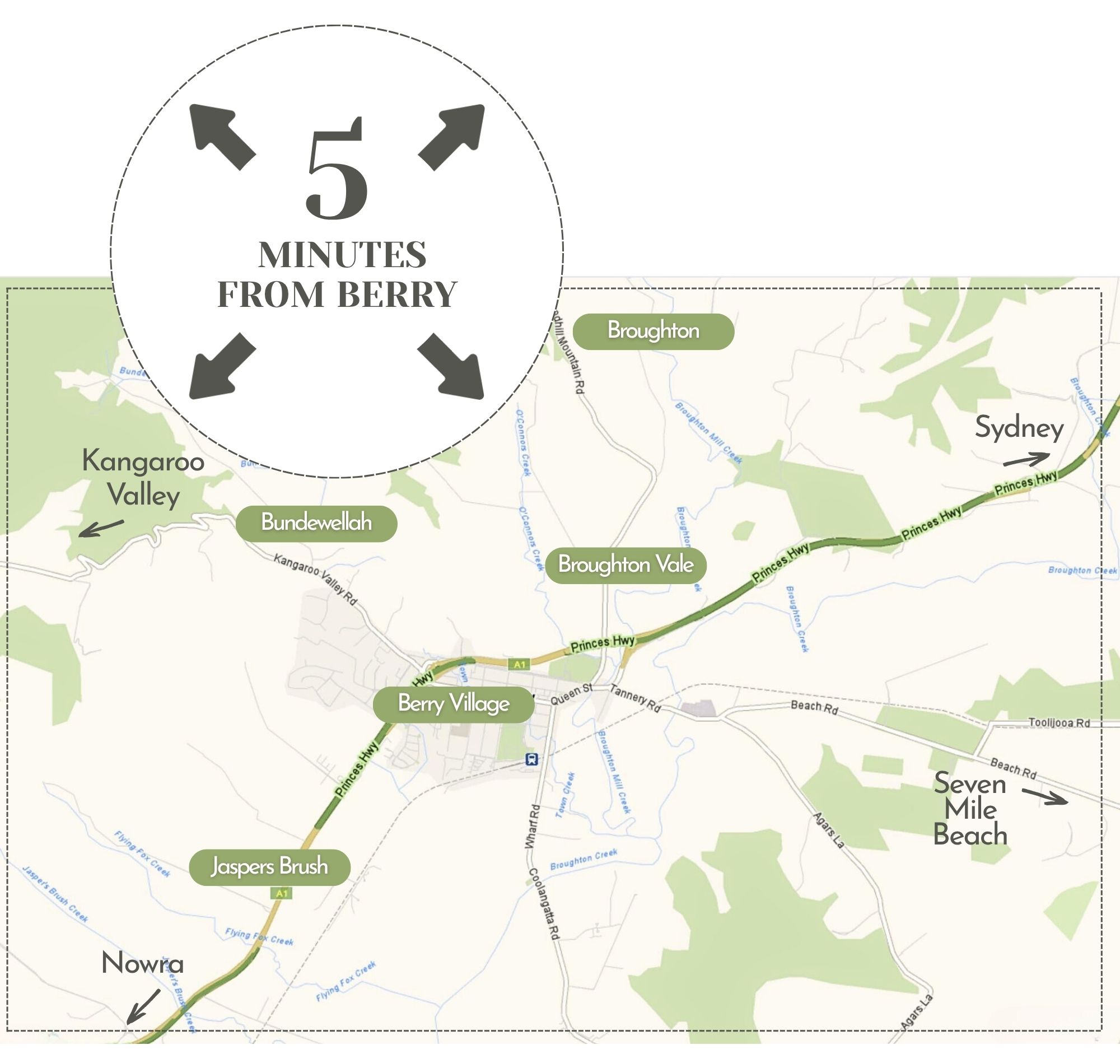 Map of area approx 5 minutes drive from Berry village